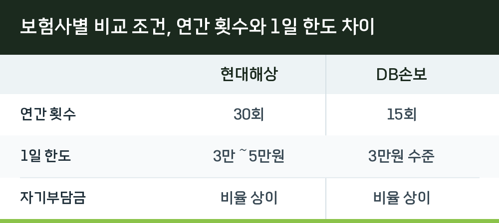 보험사별 비교 조건, 연간 횟수와 1일 한도 차이