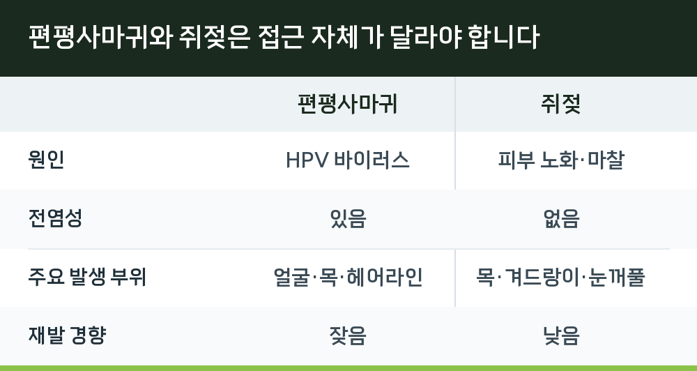 편평사마귀와 쥐젖은 접근 자체가 달라야 합니다