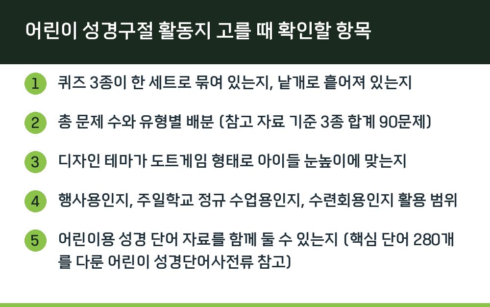 어린이 성경구절 활동지 고를 때 확인할 항목