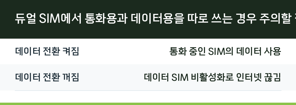 듀얼 SIM에서 통화용과 데이터용을 따로 쓰는 경우 주의할 점